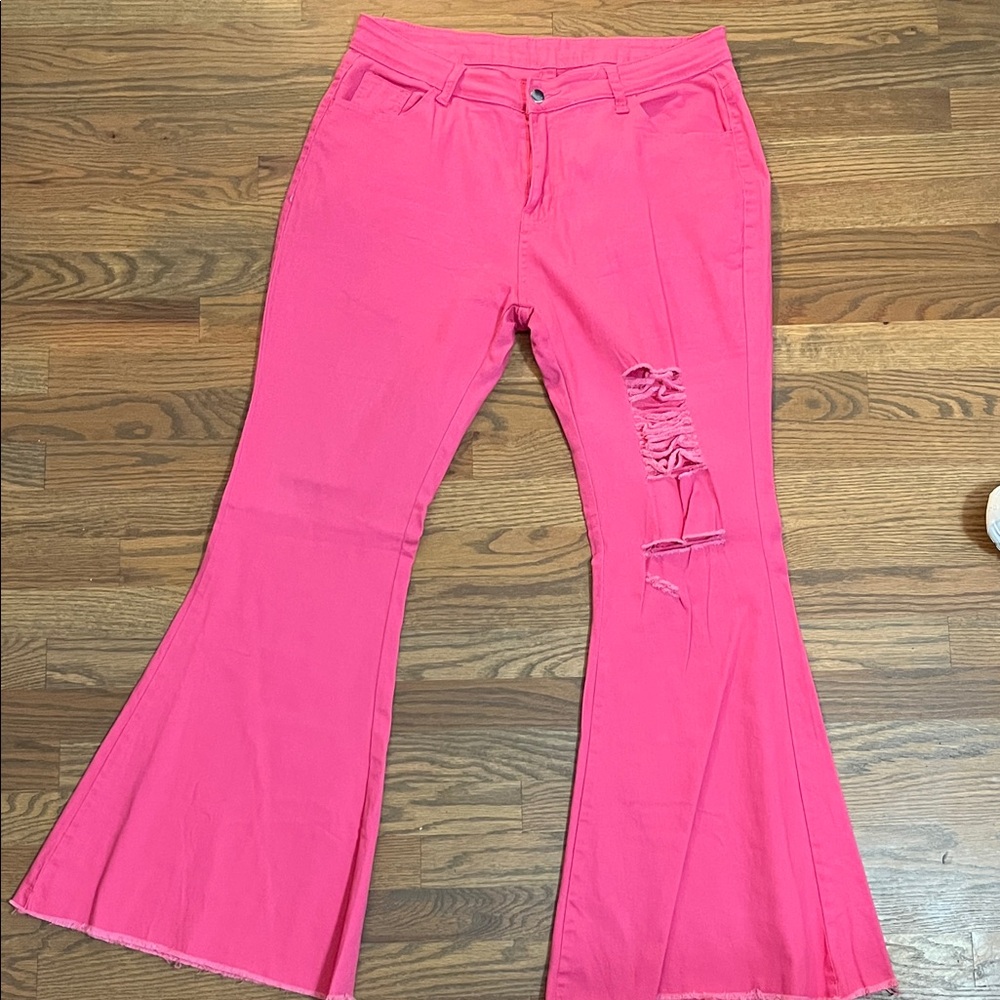 Pink Flared Pants with Distressed Detail